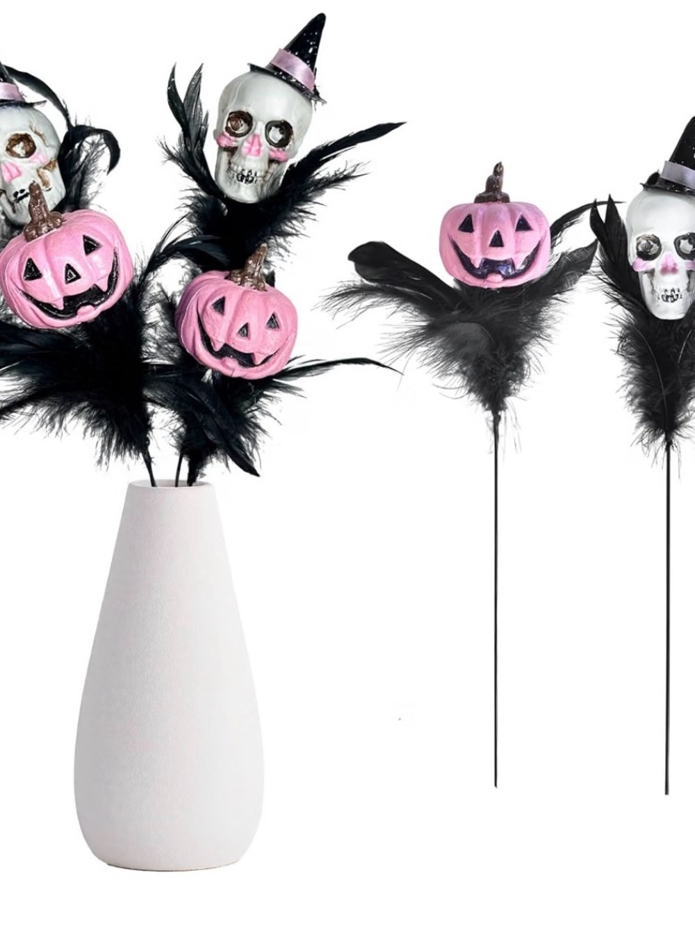 Pink Pumpkin & Skull Feather Picks for Halloween Décor